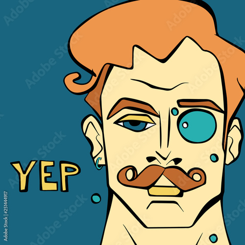 Vector character of handsome man with orange hair, eyebrows and mustache. Illustration for t-shirt print, card, poster. Isolated portrait with yellow hand drawn lettering Yep on dark blue background 