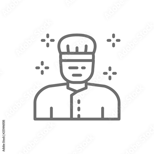 Doctor in medical uniform, surgeon in mask line icon.