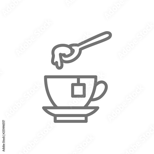 Cup of tea with honey spoon line icon.