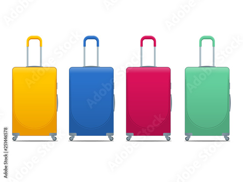 Different colorful Business and family vacation travel luggage bag, handbag baggage modern. Set of suitcases and backpacks isolated on white.