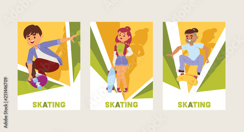 Skateboarders on skateboard vector skateboarding boy or girl characters backdrop teenager skaters jumping on board in skatepark illustration set of people skating background