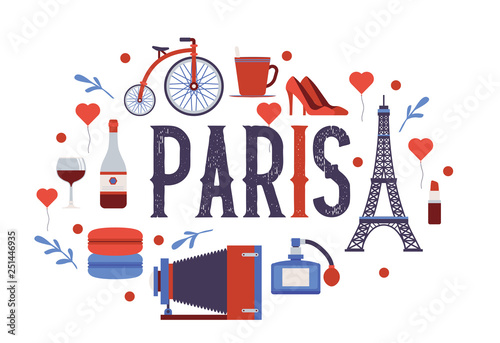 Paris vector pattern french culture eiffel tower and triumphal illustration europe tourism city traveling in France backdrop parisian cheese croissant background