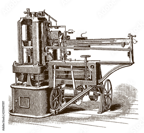 Historical steel testing machine in side view (after an etching or engraving from the 19th century)