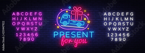 Prizes for you neon sign vector. Gift Design template neon sign, light banner, neon signboard, nightly bright advertising, light inscription. Vector illustration. Editing text neon sign