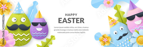 Easter vector banner template. Holiday horizontal background with 3d paper cut characters faces eggs, flowers and leaves