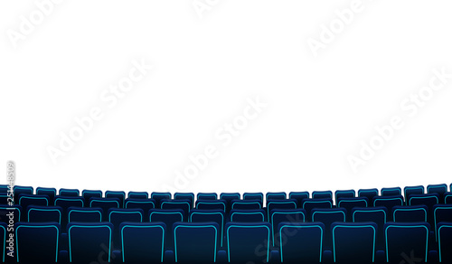 Cinema hall with white blank screen and chairs. Realistic rows of blue chairs movie theater seats facing a white screen background. Vector in flat design with white screen and rows of armchairs.