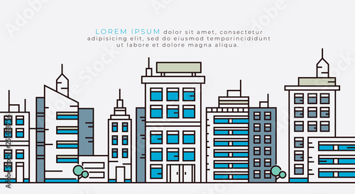 Outline city street landscape skyline concept with buildings, skyscrapers and trees. Vector illustration. Outline version