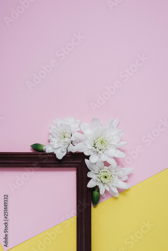 Creative composition with spring flowers. White flowers and wooden frame on pastel pink and yellow background. Flat lay, top view, copy space