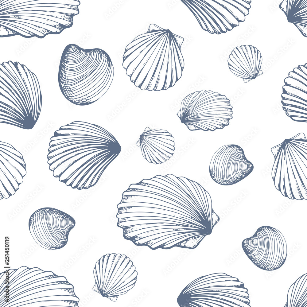 Seamless pattern. Vector Illustration of handdrawn seashells in sketch style on white background. Beach design. Seamless pattern. Vector Illustration of handdrawn seashells in sketch style on white background. Beach design.