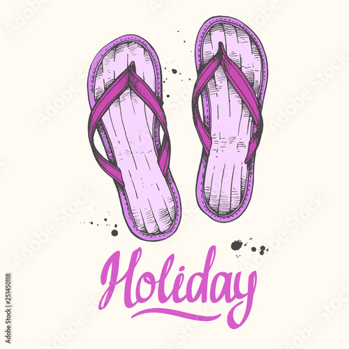 Travel vector illustration with flip flops in sketch style on white background. Brush calligraphy elements for your design. Handwritten ink lettering.