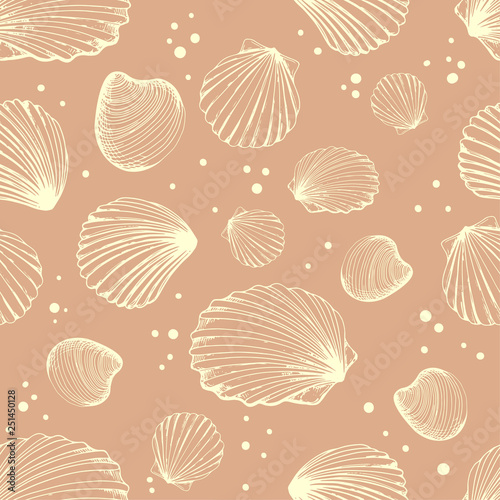 Seamless pattern. Vector Illustration of handdrawn seashells in sketch style on beige background. Beach design.