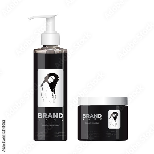 Realistic green and black cosmetic mockup.  Packages for cosmetic product.  Blank templates of containers vial with dropper,  bottle for shower gel, cream, lotion, shampoo with  pump dispenser, jar, t