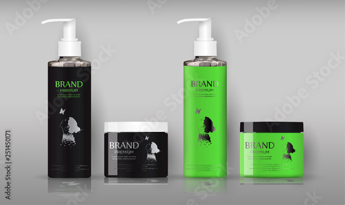 Realistic black cosmetic set mockup with white and black lid. With a label depicting a beautiful girl. Isolated on white background. EPS 10.