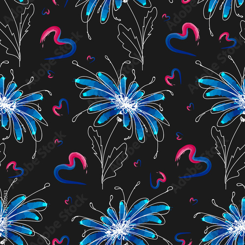 light blue flower with abstract hearts on a dark gray background