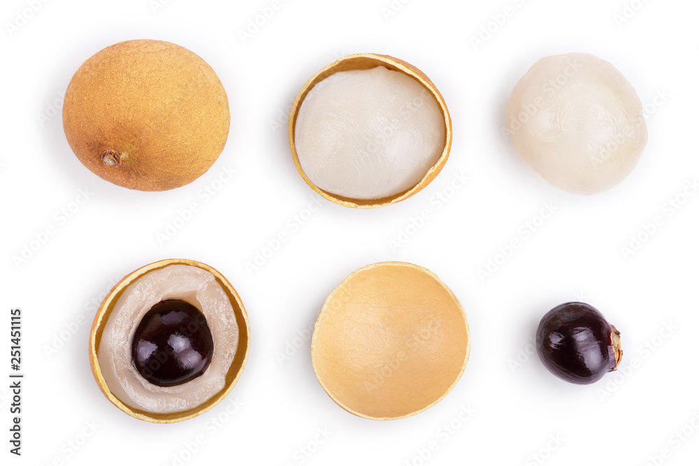 Fresh longan fruit isolated on white background. Top view. Flat lay Fresh longan fruit isolated on white background. Top view. Flat lay