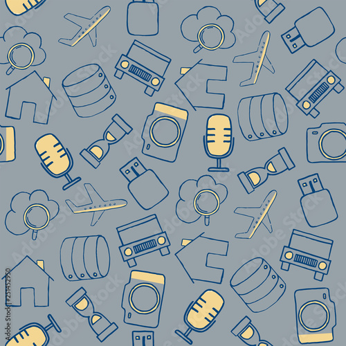 Set of diverse technological items and equipment. Doodle style icons