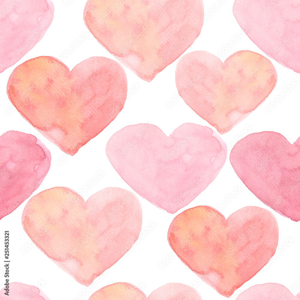 Watercolor hearts seamless background. Pink watercolor heart pattern. Colorful watercolor romantic texture in delicate pink colors.