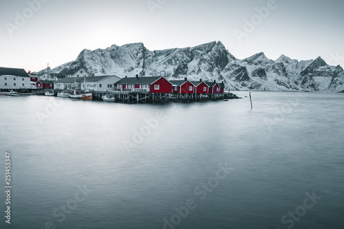 Red houses in Norway. Rorbu, typical house of fishing village in the Lofoten Islands