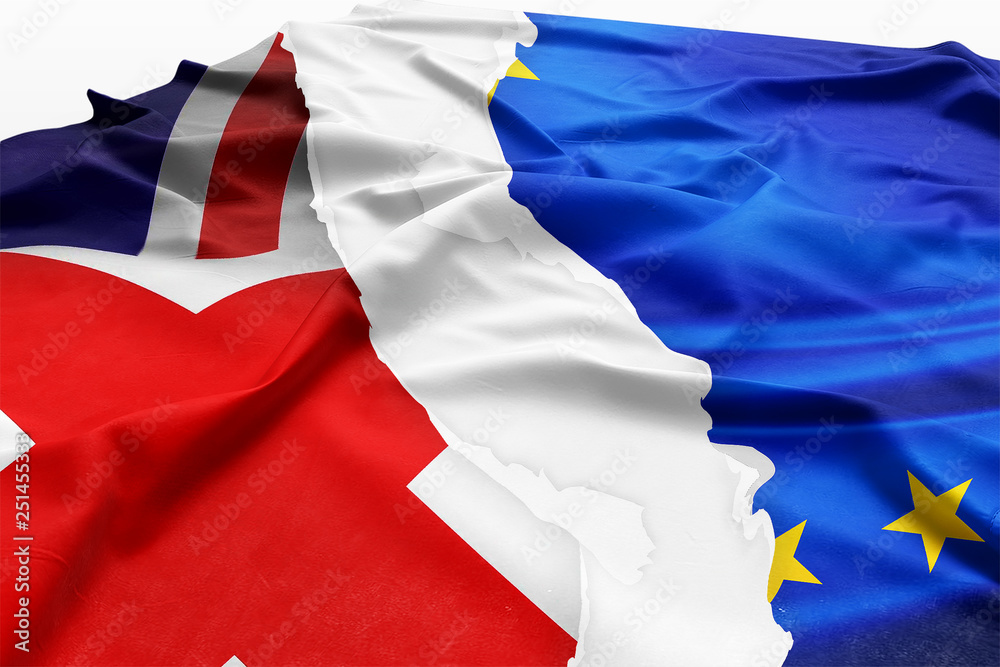 Fototapeta premium Torn flags of the UK and the European Union. Get out of the EU. Brexit 2019