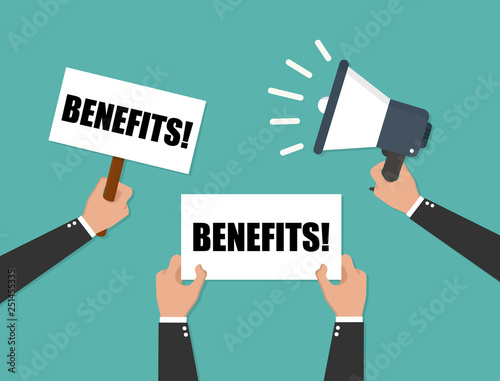 Hand holding placard and megaphone - Benefits