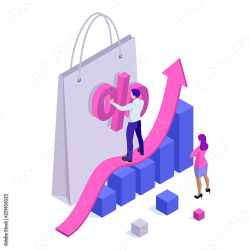 Growth chart stats, big sale, sellout, retail, Black Friday discount. Investors and traders achieve their goals. Vector isometric illustration.
