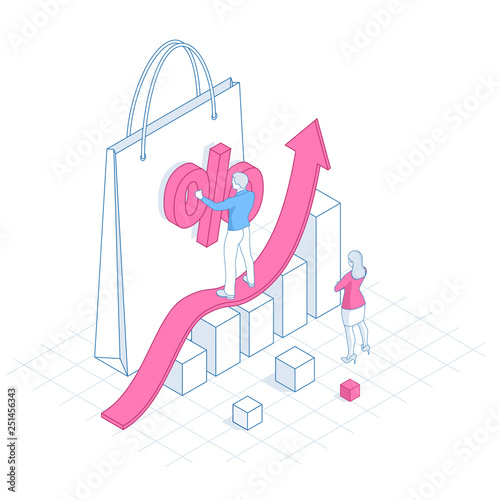 Growth chart stats, big sale, sellout, retail, Black Friday discount. Investors and traders achieve their goals. Vector isometric illustration.