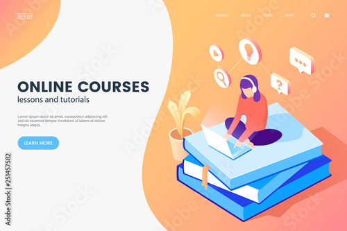 Online courses isometric illustration. Girl with laptop sits on books. Online education web page concept. E-learning banner design. Vector eps 10.