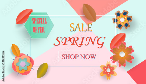 Spring sale banner with colorful flower used for template, banners, flyers, invitation, brochure, voucher discount in Paper cut style. Vector illustration