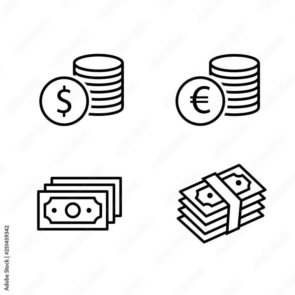 Cash paper money stack and dollar and euro coin black outline icon set with shadow. Business financial pictograms. Vector eps10 Illustration Cash paper money stack and dollar and euro coin black outline icon set with shadow. Business financial pictograms. Vector eps10 Illustration