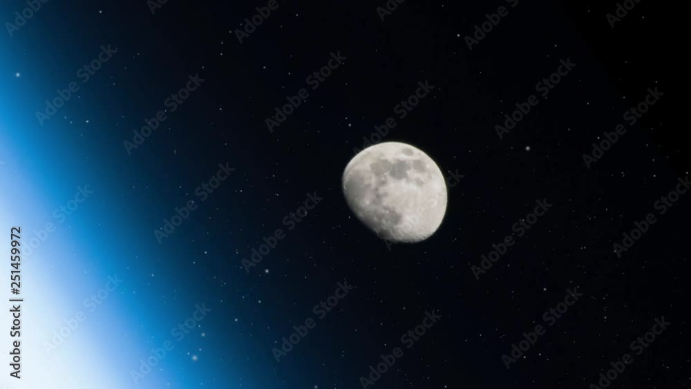 Slow moon rising on rotating star field and earth atmosphere planet zoom in. Contains public domain image by Nasa Slow moon rising on rotating star field and earth atmosphere planet zoom in. Contains public domain image by Nasa