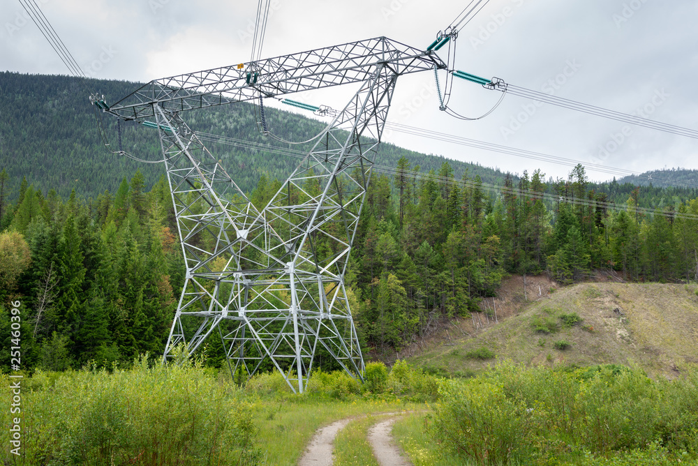 View of a High Voltage Electricity Pylon in the Mountains on a Cloudy Summer Day