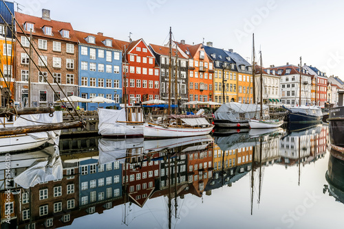 Sailingboats and colourful houses reflecting in the breathless canal,