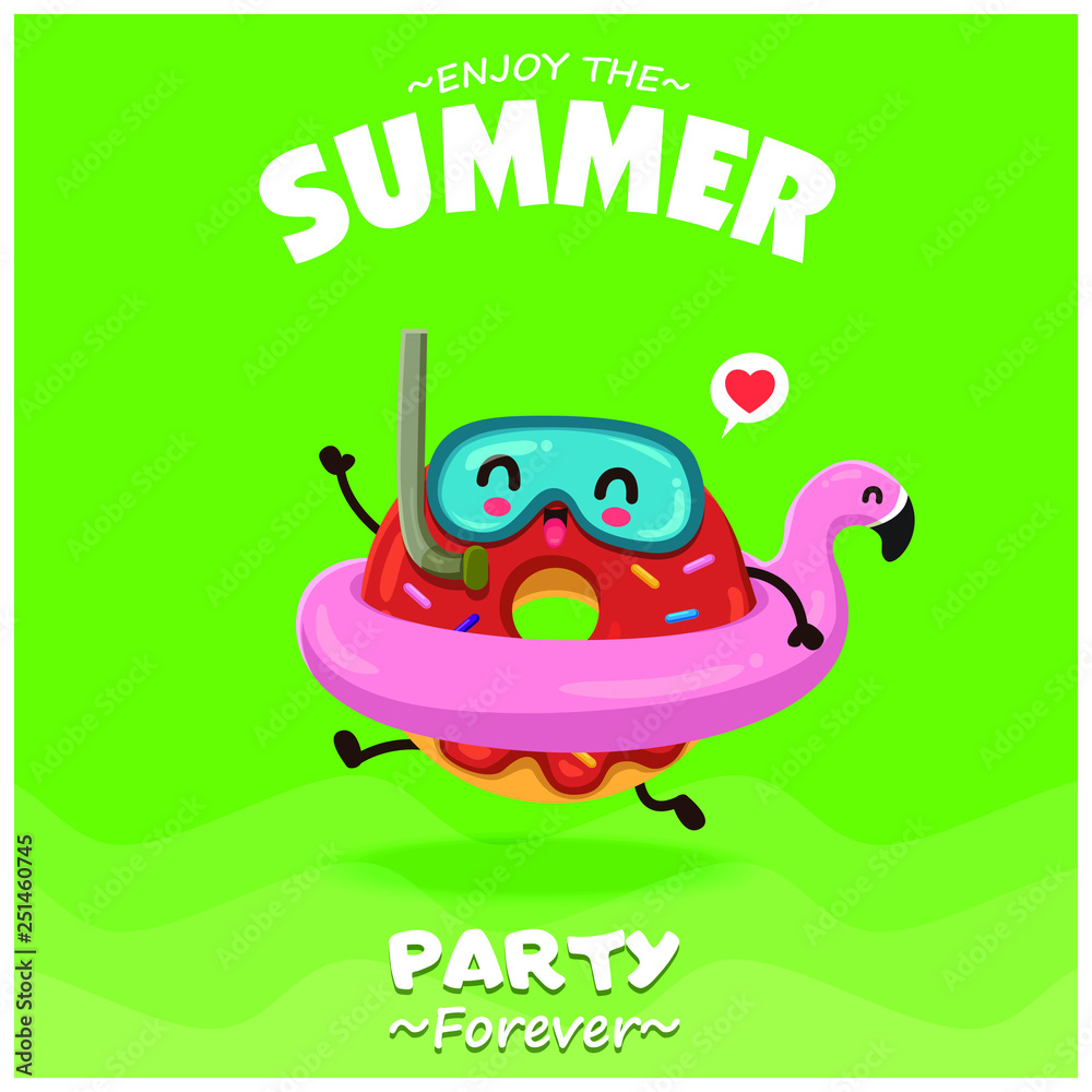 Vintage summer food poster design with vector donuts & pink flamingo pool float characters.