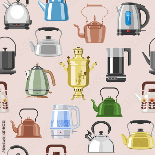 Teapot and kettle vector teakettle or samovar to drink tea on teatime and boiled coffee beverage in electric boiler in kitchen illustration kitchenware set isolated on background