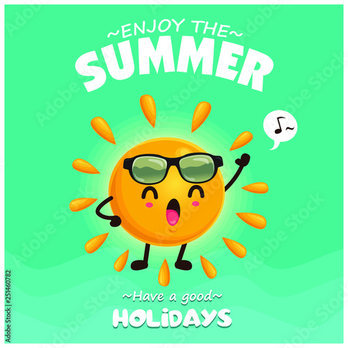 Vintage summer poster design with vector sun   sunglasses characters.