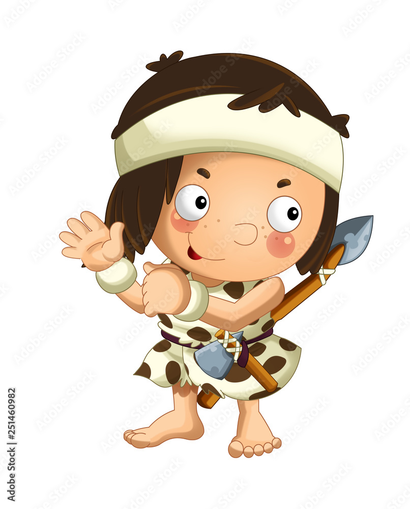 cartoon scene with happy caveman barbarian warrior with spear on white background illustration for children cartoon scene with happy caveman barbarian warrior with spear on white background illustration for children