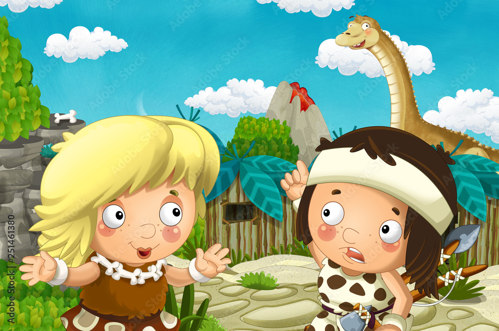 Fototapeta premium cartoon scene with caveman and girl in the village and diplodocus - illustration for children