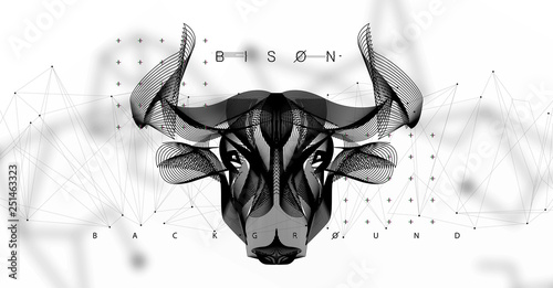 Abstract image of a cow in the form space, consisting of points, lines, and shapes. Animal vector wireframe concept. Head bison. Vector futuristic illustration. Modern art polygonal. Cow illustration 