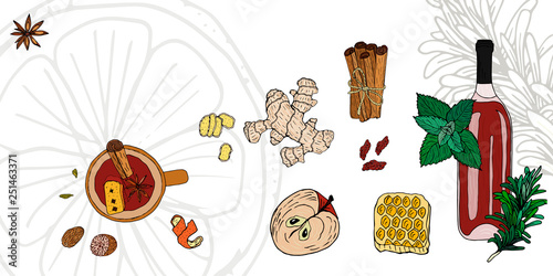 Set of mulled wine, fruit and spices, vector hand drawn illustrations.  A bottle of red wine, a mug with mulled wine, a root of ginger, cinnamon, lemon peel, nutmeg, cardamom, anise, rosemary, raisins