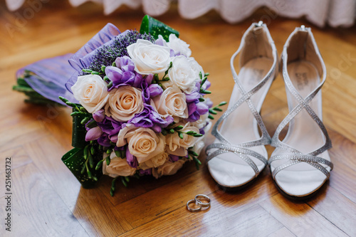 bridal rings bouquet and shoes
