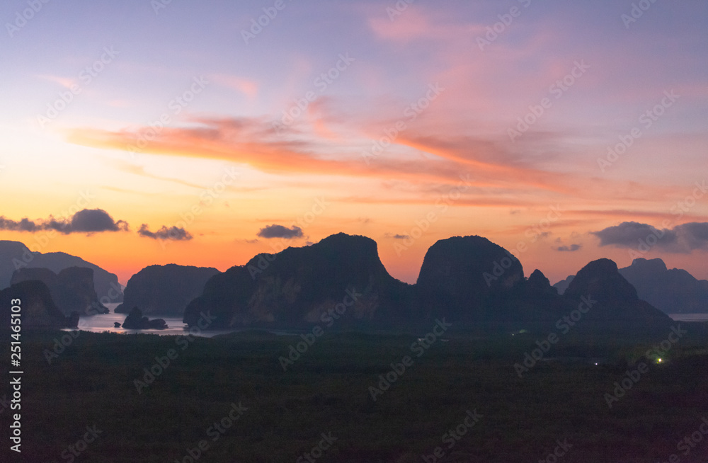 scenery sunrise above space between islands in Samed Nang She viewpoint in Phang Nga