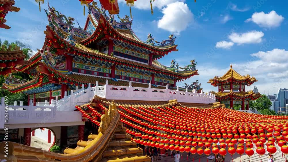 KUALA LUMPUR, MALAYSIA - 20th JAN 2019; 4K Time lapse of moving clouds over Thean Hou Temple in Kuala Lumpur, Malaysia.
