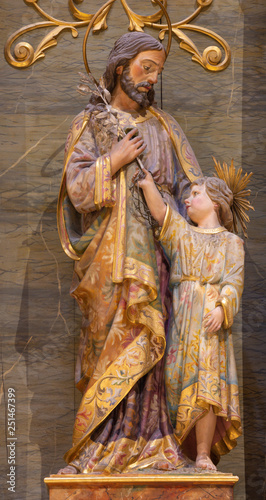 PALMA DE MALLORCA, SPAIN - JANUARY 29, 2019: The polychome carved sculpture of St. Joseph in the church Iglesia de Santa Maria Magdalena from 19. cent.