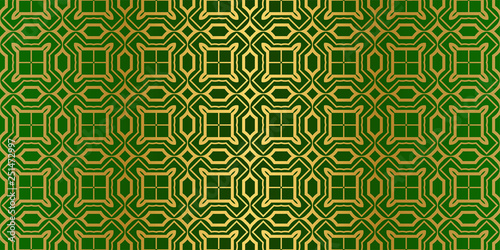 Geometric Modern Luxury Ornament. Seamless Vector Pattern. For Wallpaper, Invitation, Fashion Design. Green gold color