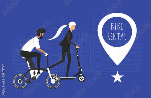 Bike rental. Rent bike. Electric Bike and Kick scooter. Bicycle sign for web or print in flat design. Blue background with big city on background. Vector illustration.