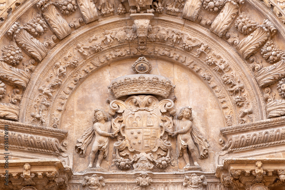 PALMA DE MALLORCA, SPAIN - JANUARY 29, 2019: The detail of baroque portal of church La iglesia de Monti-sion (1624 - 1683).