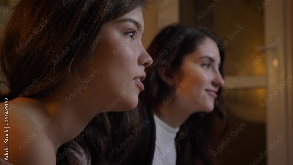 Close-up portrait in profile of young caucasian girls watching the TV attentively on cosy home background. Close-up portrait in profile of young caucasian girls watching the TV attentively on cosy home background.