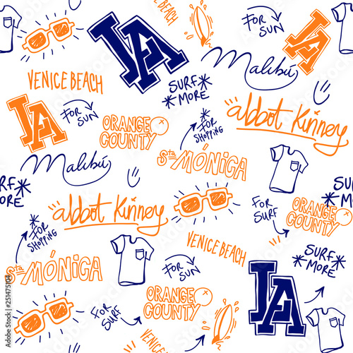 Beach hand written vector pattern background surf los angeles doodles sketch