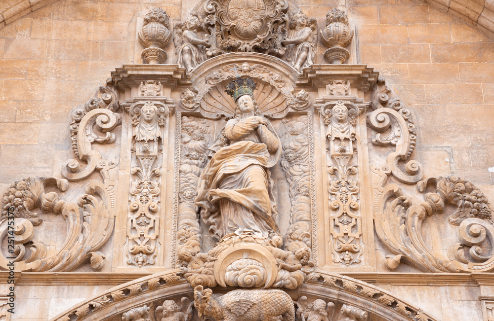 PALMA DE MALLORCA, SPAIN - JANUARY 29, 2019: The Immaculate conceptoin on the baroque portal of church La iglesia de Monti-sion (1624 - 1683).