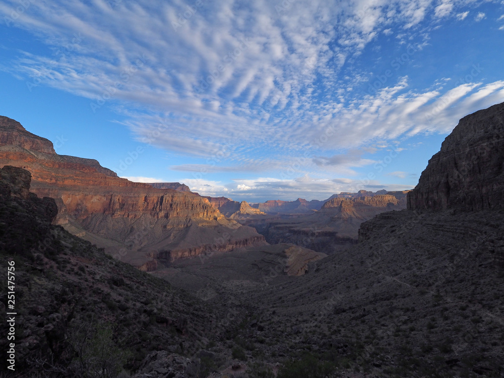 Sunrise and first light on the canyon walls on the Hermit Trail in Grand Canyon National Park, Arizona.